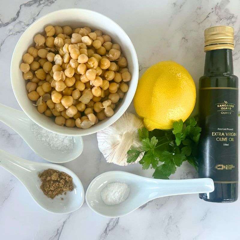 chickpeas, lemon, garlic, parsley, olive oil, salt, cummin and bicarb soda
