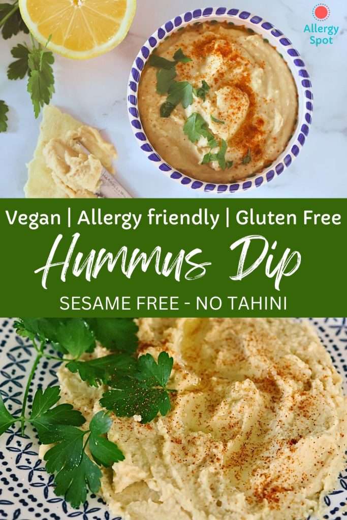 hummus dip without tahini in a blue patterned bowl with lemon and parsely and on a patterned blue plate