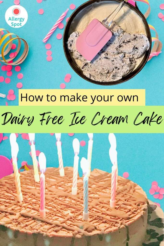 allergy friendly dairy free ice cream cake with candles on blue backgrounds with streamers