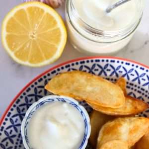 egg free garlic aoili with potato wedges and lemon