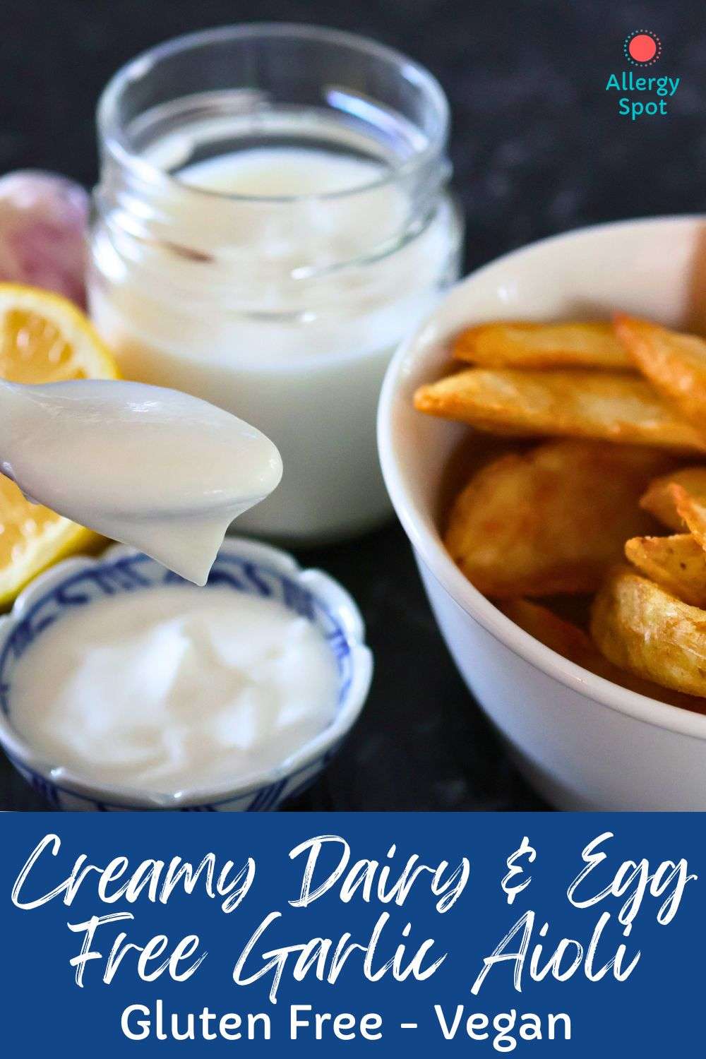 egg free garlic aioli on spoon and in jar with potato wedges